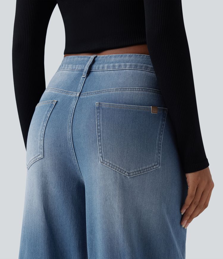 Jean baggy asymétrique Halara Flex™ taille haute effet délavé avec poches