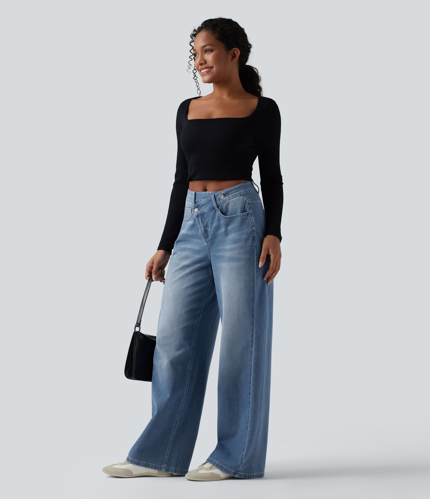 Jean baggy asymétrique Halara Flex™ taille haute effet délavé avec poches