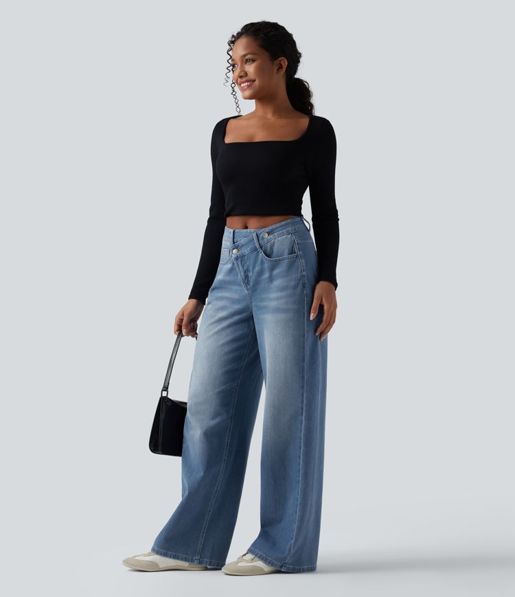 Jean baggy asymétrique Halara Flex™ taille haute effet délavé avec poches