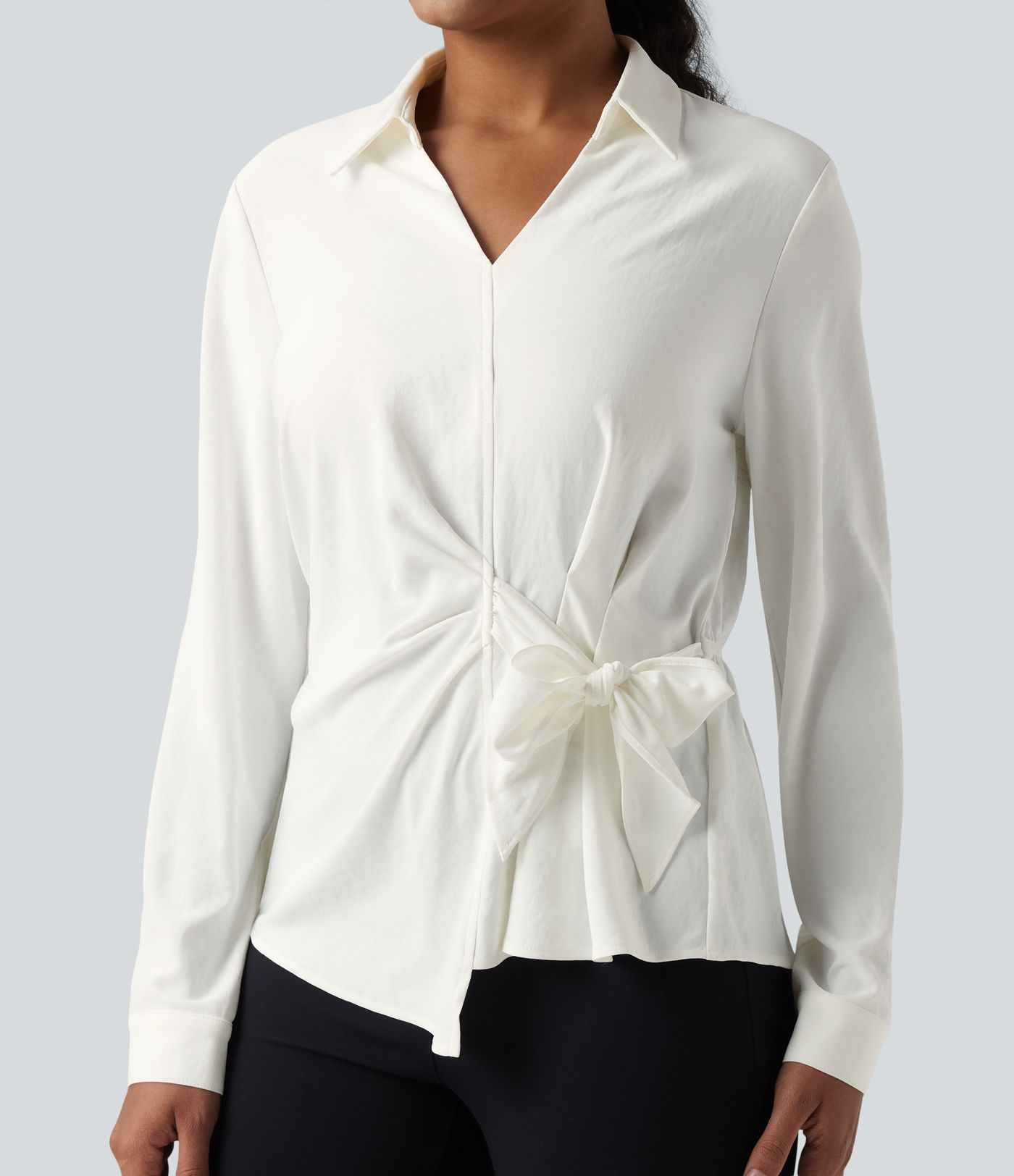 Collar Long Sleeve Tie Asymmetrical Hem Work Blouse