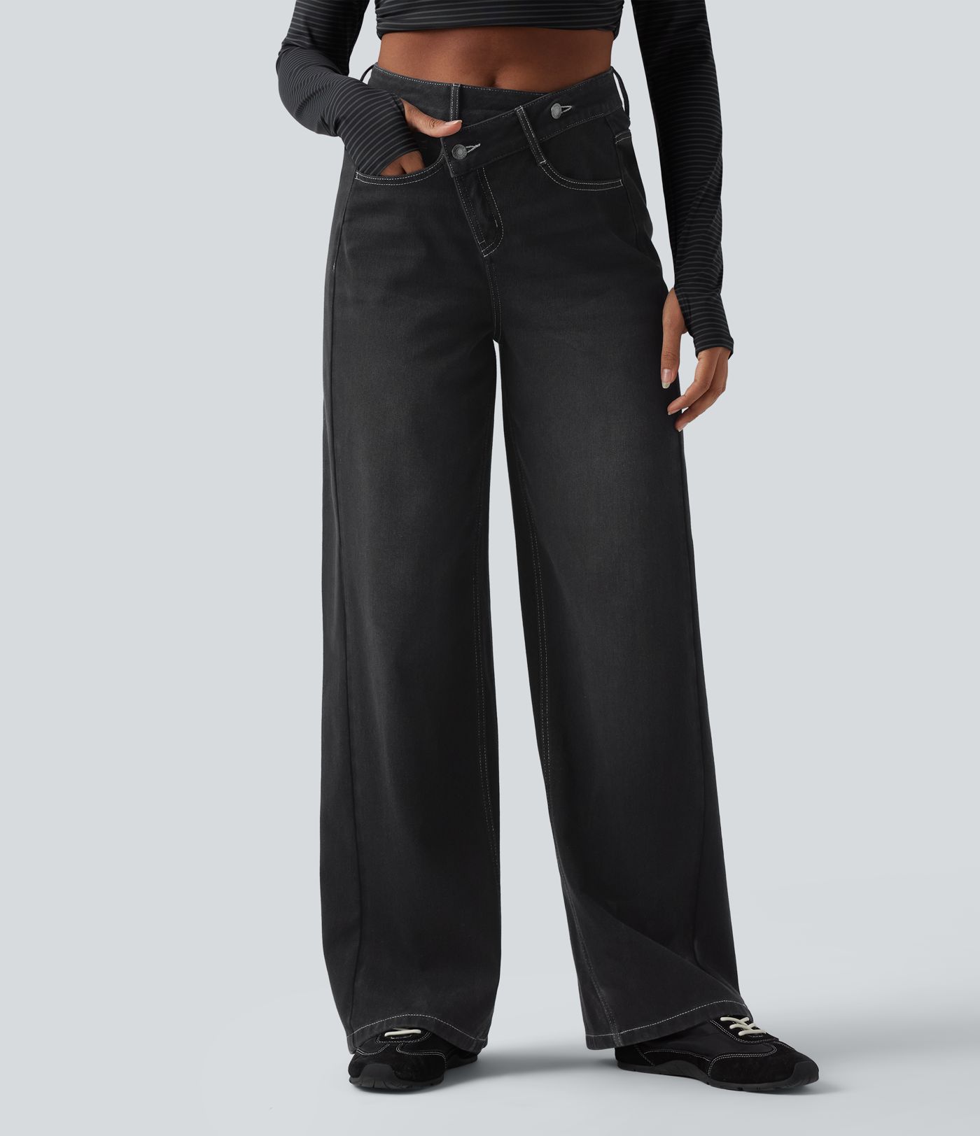 Jean baggy asymétrique Halara Flex™ taille haute effet délavé avec poches