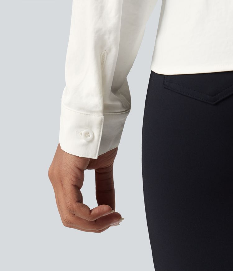 Collar Long Sleeve Tie Asymmetrical Hem Work Blouse