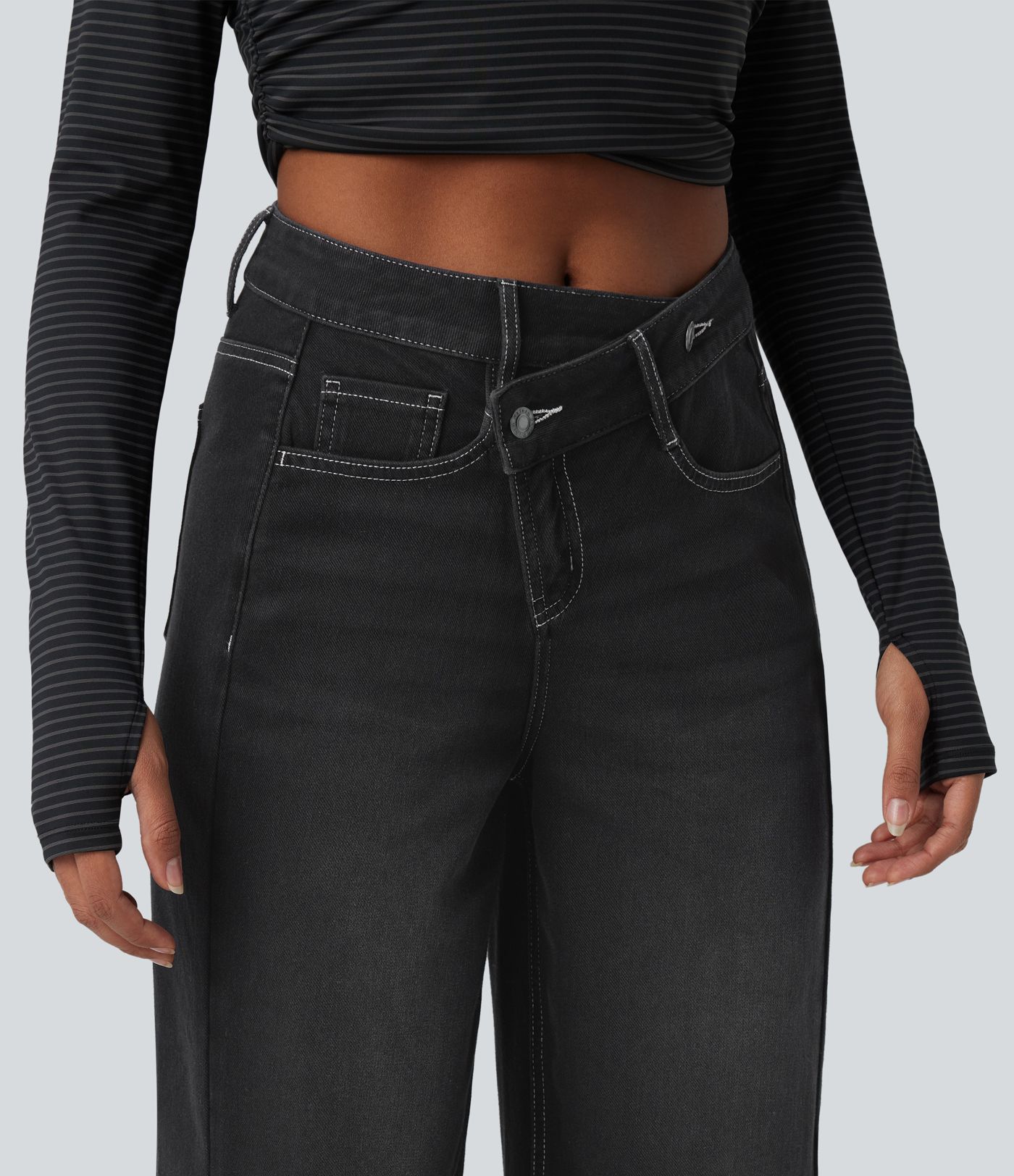 Jean baggy asymétrique Halara Flex™ taille haute effet délavé avec poches