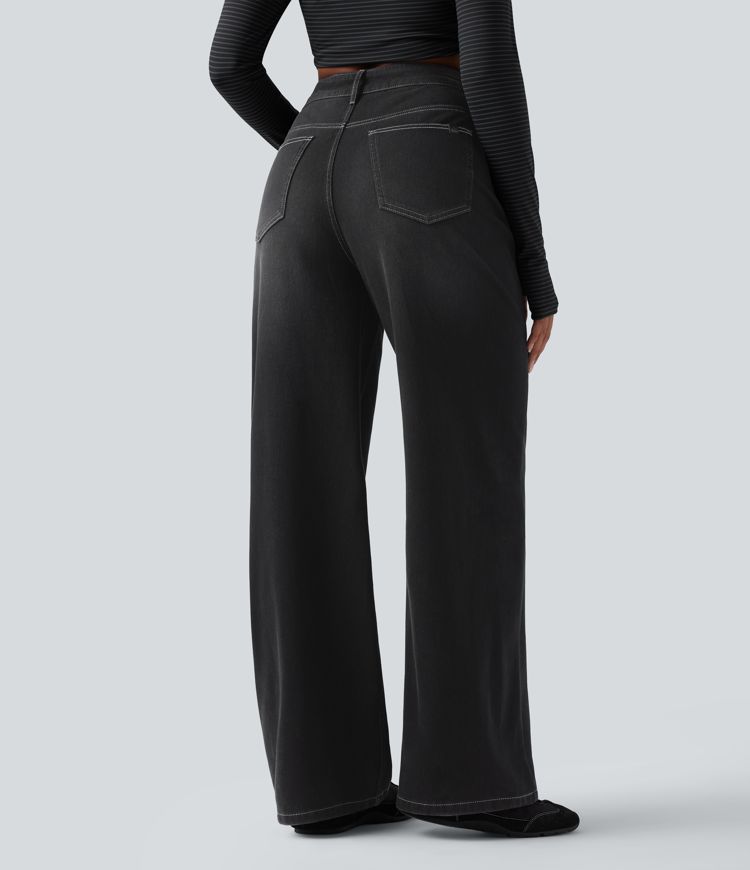 Jean baggy asymétrique Halara Flex™ taille haute effet délavé avec poches