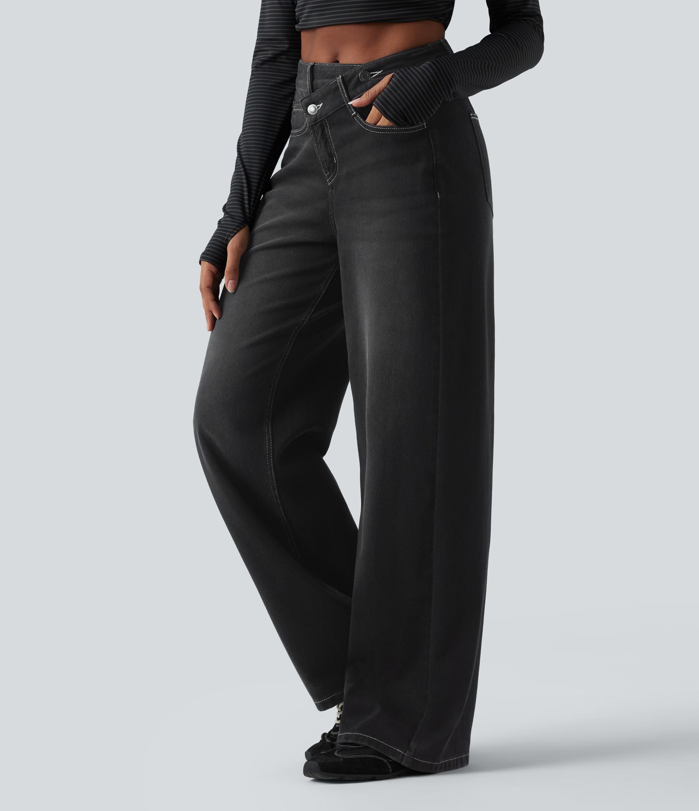 Jean baggy asymétrique Halara Flex™ taille haute effet délavé avec poches