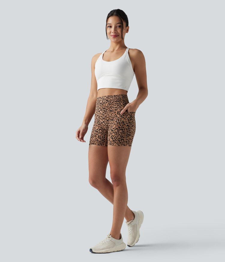 Halara UltraSculpt™ Leopard Print High Waisted Tummy Control Training Biker Shorts 5'' with Pockets