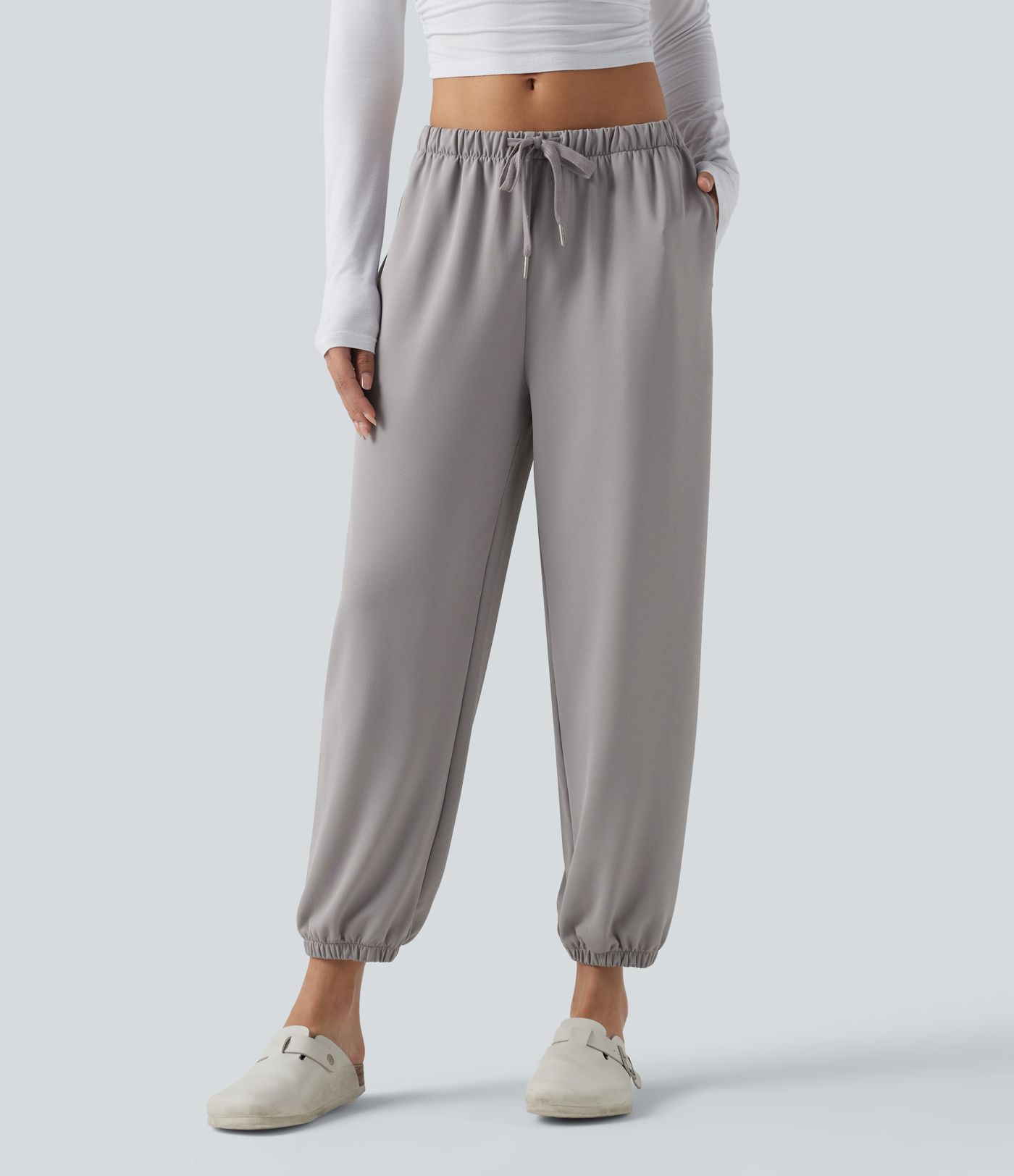 Low Rise Drawstring Crepe Casual Joggers with Pockets