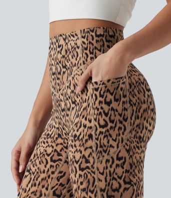 Halara UltraSculpt™ leopárdmintás, magas derekú, ráncolt fenékemelő, hasformázó pedálpusher edzőleggings zsebekkel