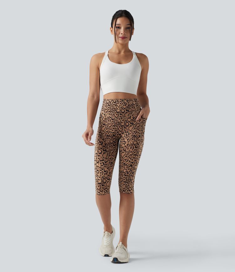 Halara UltraSculpt™ leopárdmintás, magas derekú, ráncolt fenékemelő, hasformázó pedálpusher edzőleggings zsebekkel
