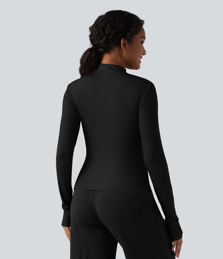 Ribbed Knit Mock-neck Long Sleeve Ruched Asymmetric Hem Casual Top