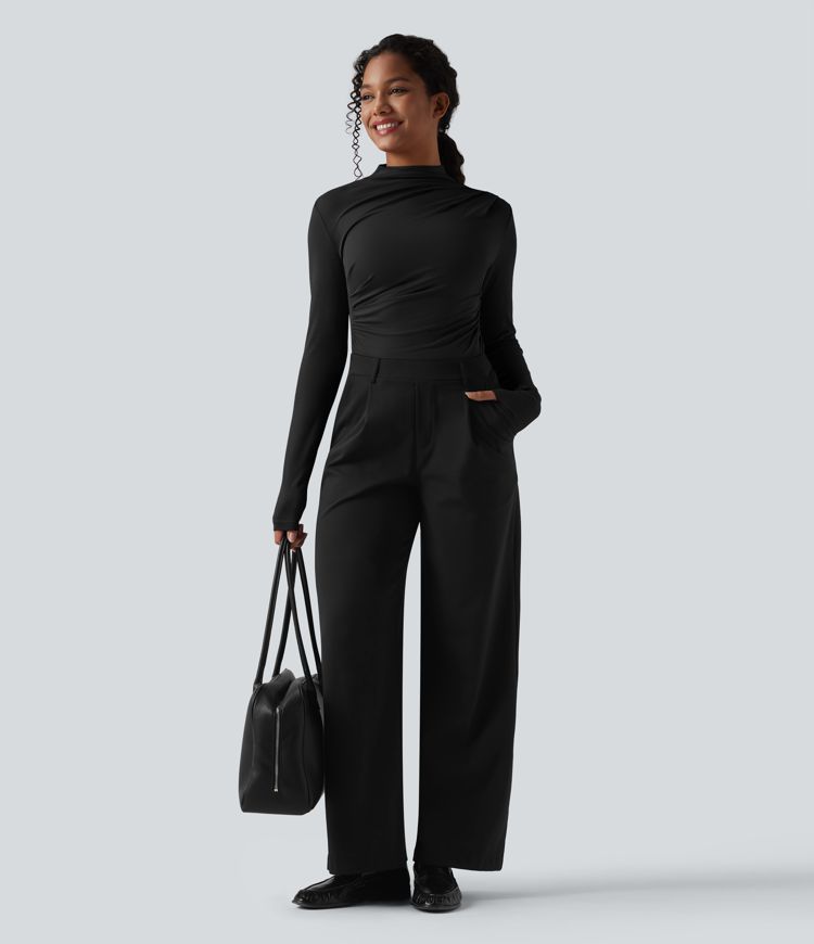 Ribbed Knit Mock-neck Long Sleeve Ruched Asymmetric Hem Casual Top