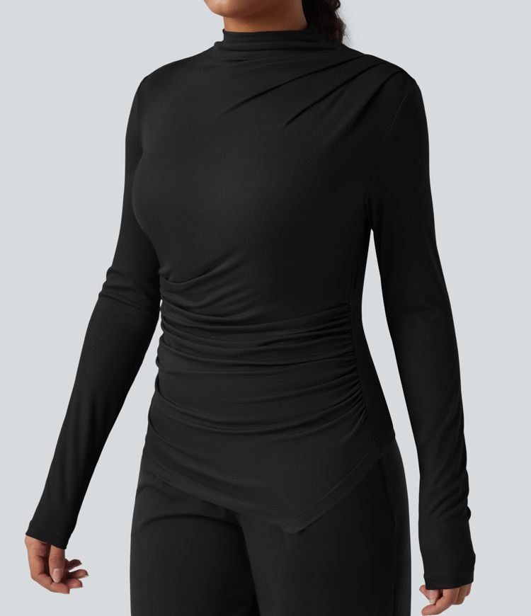 Ribbed Knit Mock-neck Long Sleeve Ruched Asymmetric Hem Casual Top