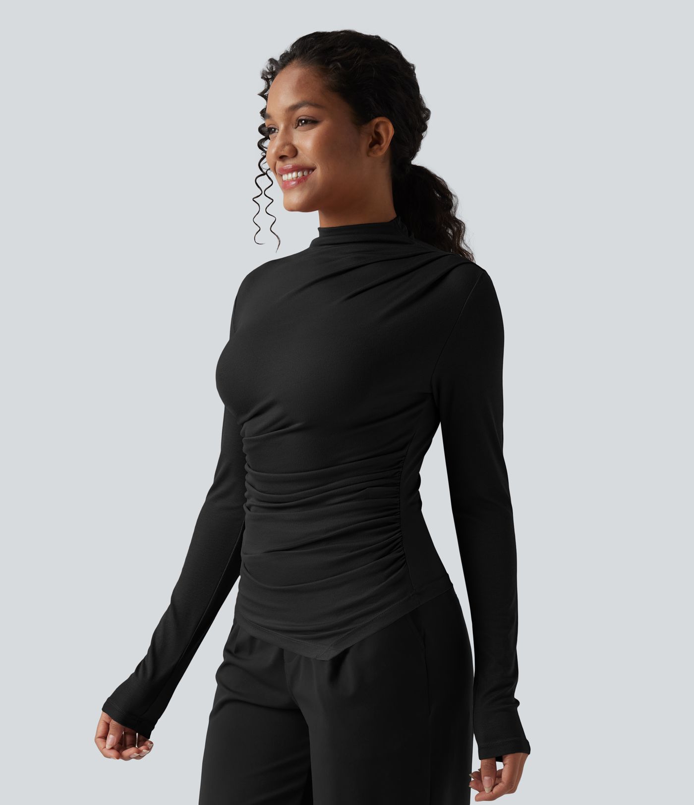 Ribbed Knit Mock-neck Long Sleeve Ruched Asymmetric Hem Casual Top