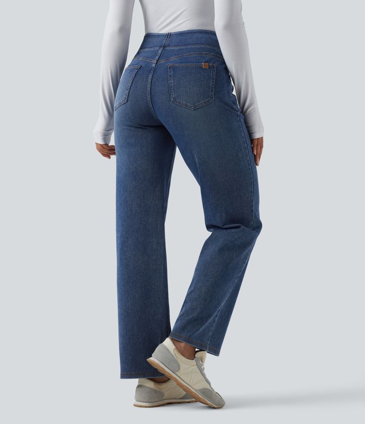 Jean décontracté Halara Flex™ taille haute, extensible, délavé, jambes droites avec poches multiples