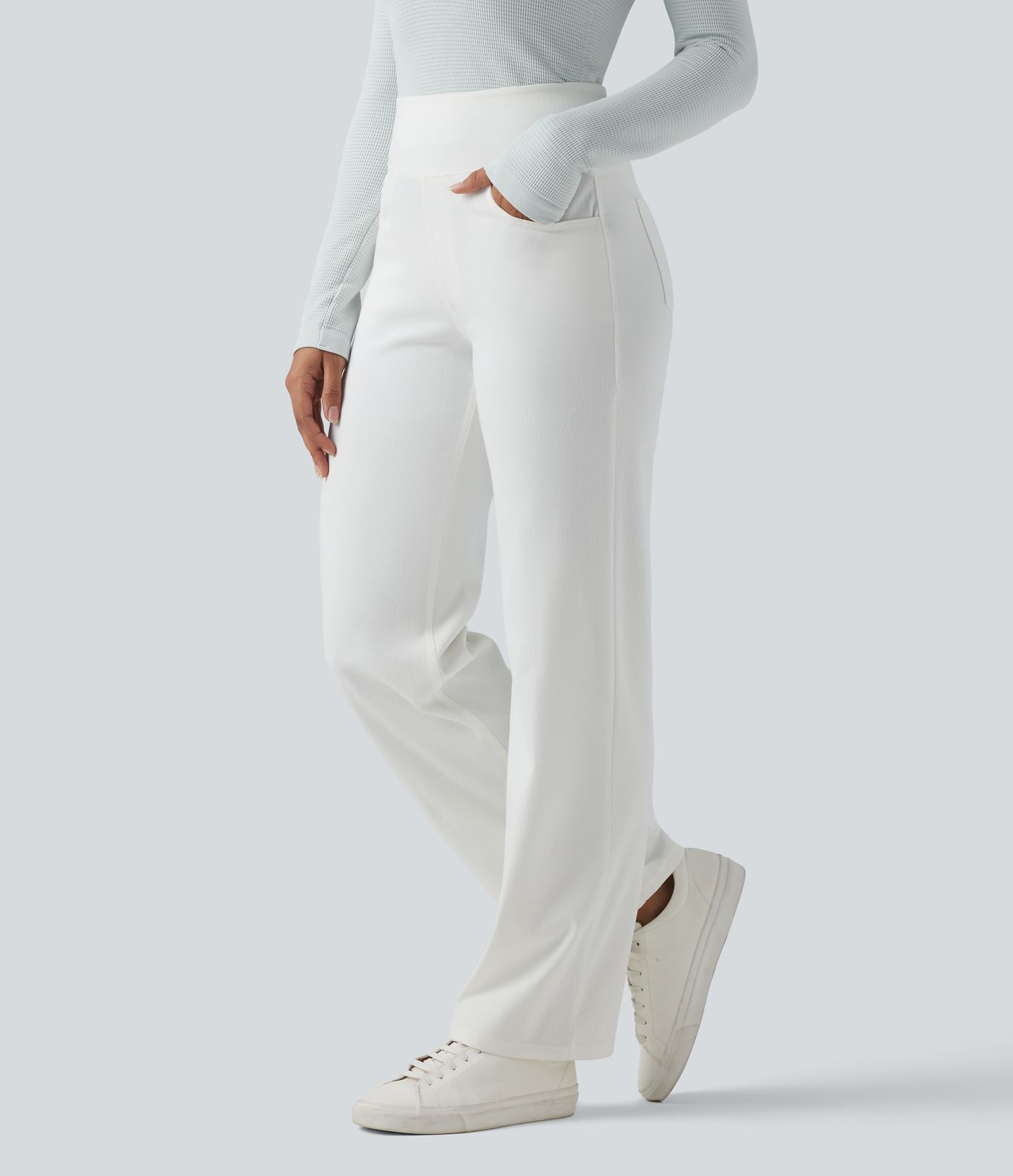 Jean décontracté Halara Flex™ taille haute, extensible, délavé, jambes droites avec poches multiples