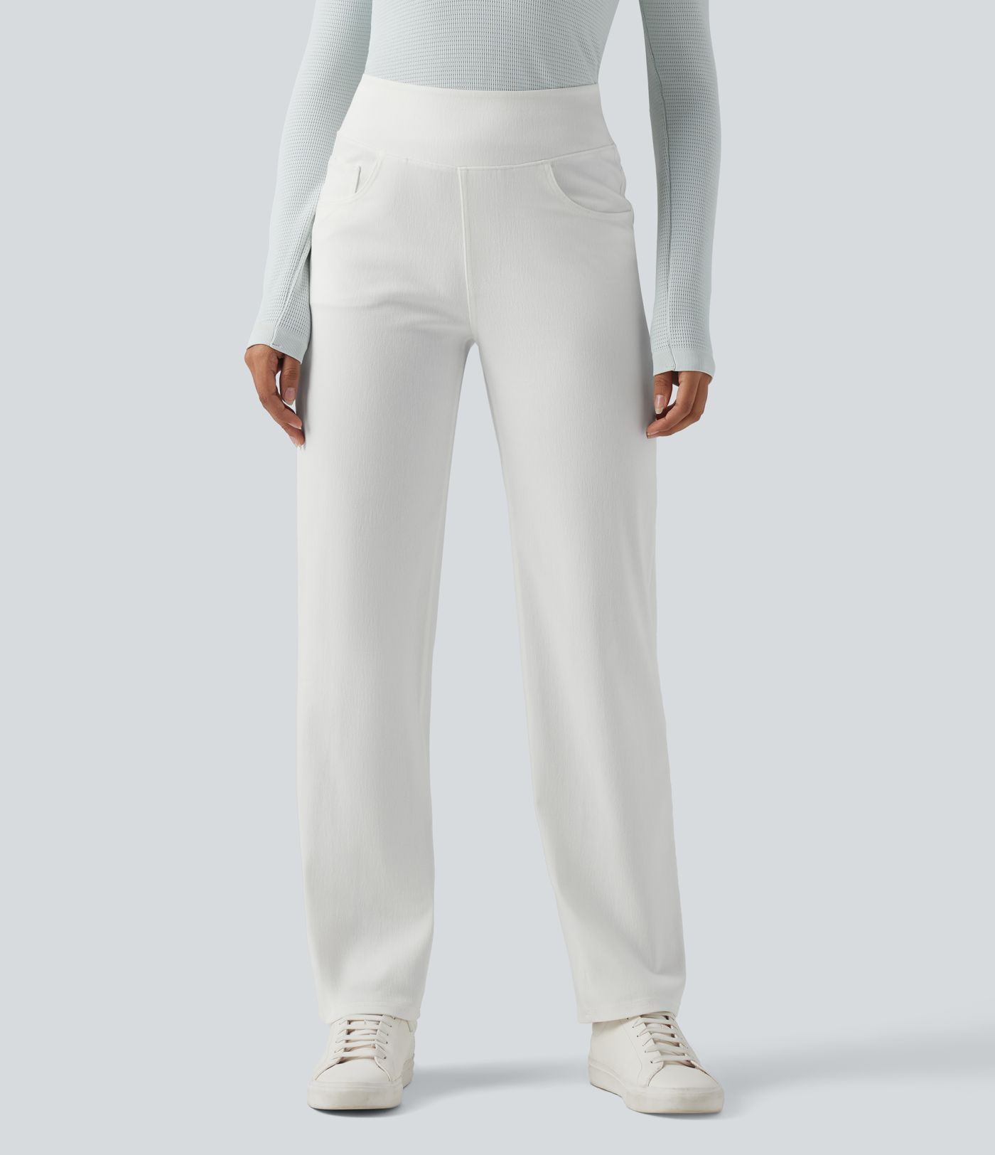 Jean décontracté Halara Flex™ taille haute, extensible, délavé, jambes droites avec poches multiples