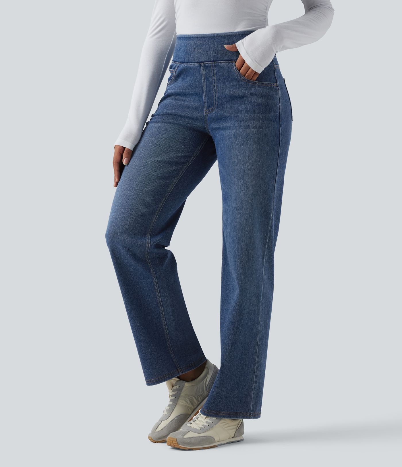Jean décontracté Halara Flex™ taille haute, extensible, délavé, jambes droites avec poches multiples