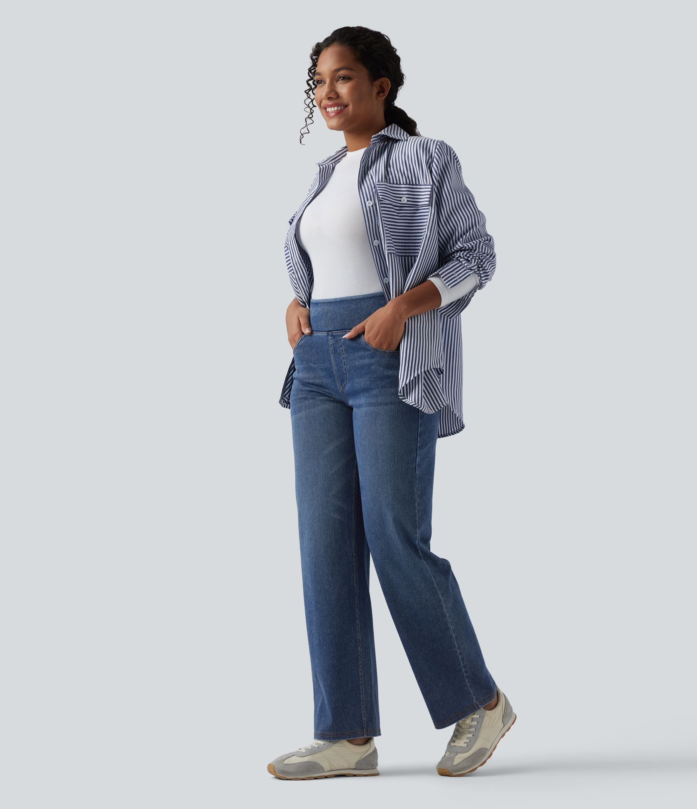 Jean décontracté Halara Flex™ taille haute, extensible, délavé, jambes droites avec poches multiples