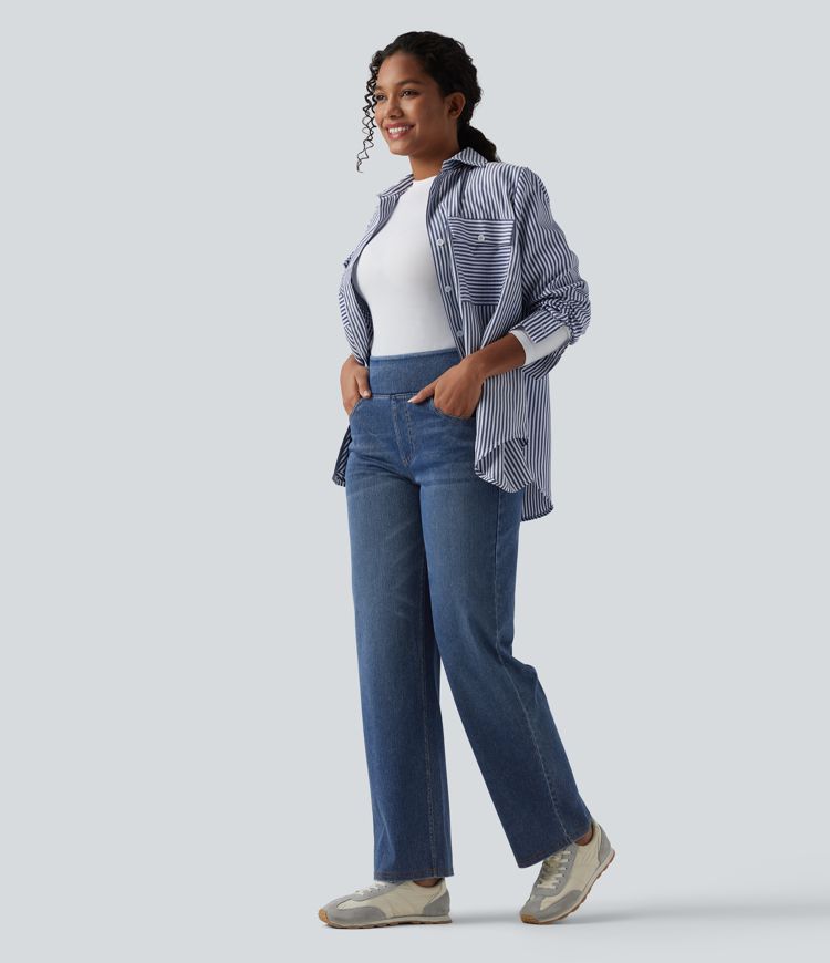 Jean décontracté Halara Flex™ taille haute, extensible, délavé, jambes droites avec poches multiples