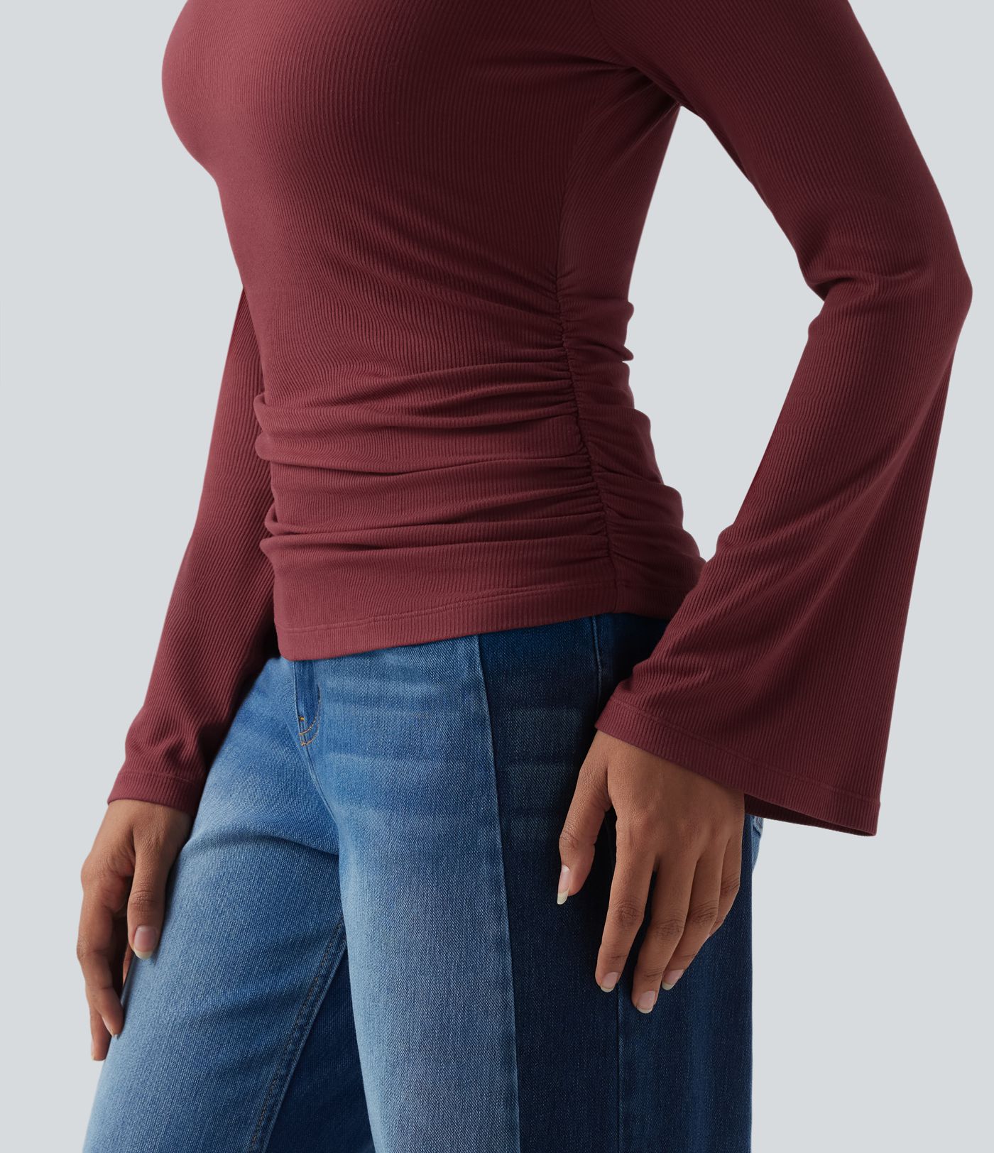 Ribbed Knit Boat Neck Long Sleeve Ruched Casual Top