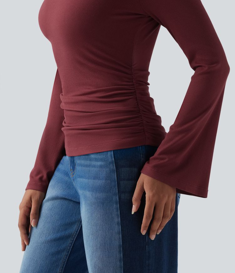 Ribbed Knit Boat Neck Long Sleeve Ruched Casual Top