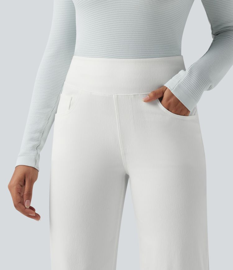 Jean décontracté Halara Flex™ taille haute, extensible, délavé, jambes droites avec poches multiples