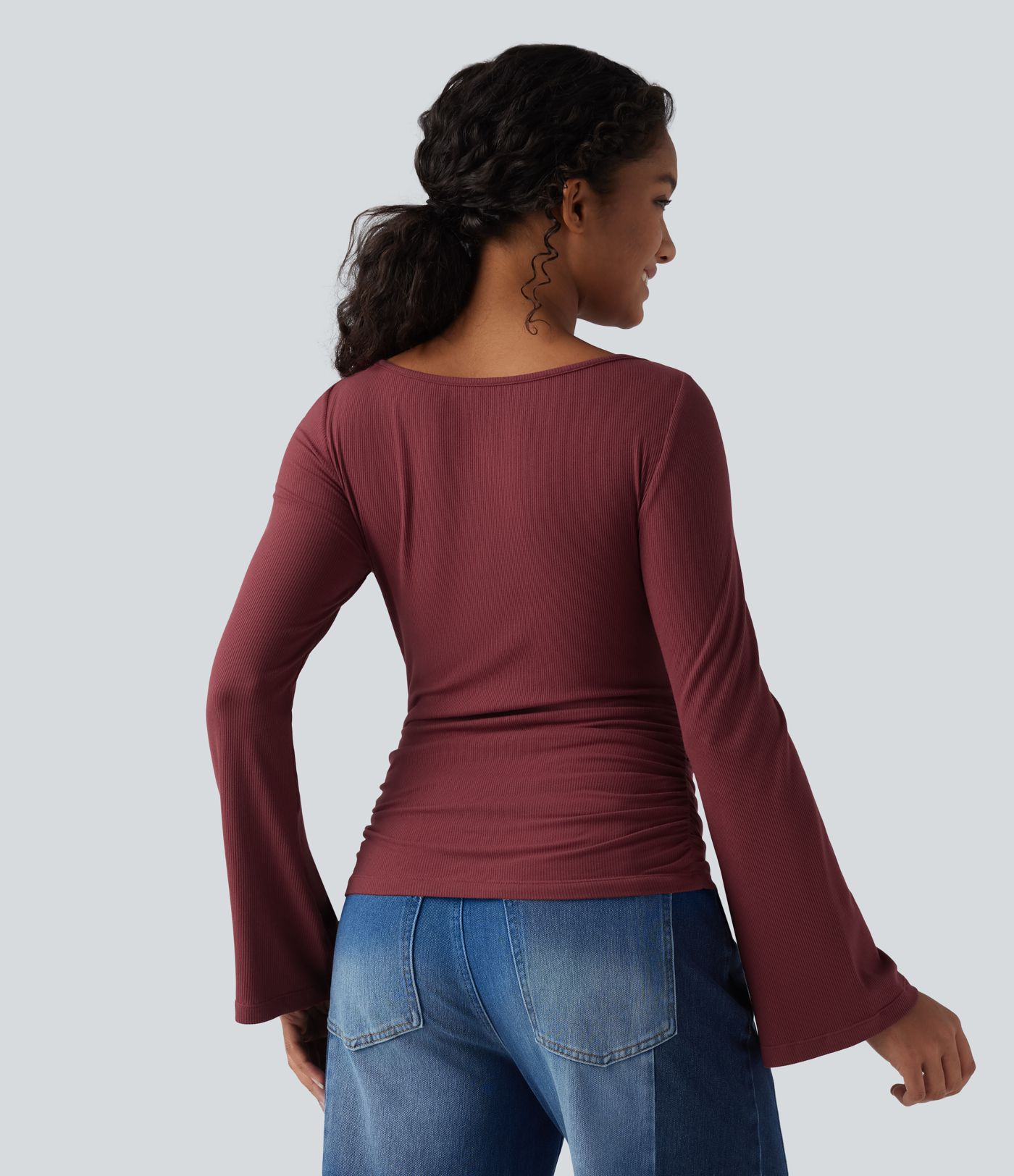 Ribbed Knit Boat Neck Long Sleeve Ruched Casual Top