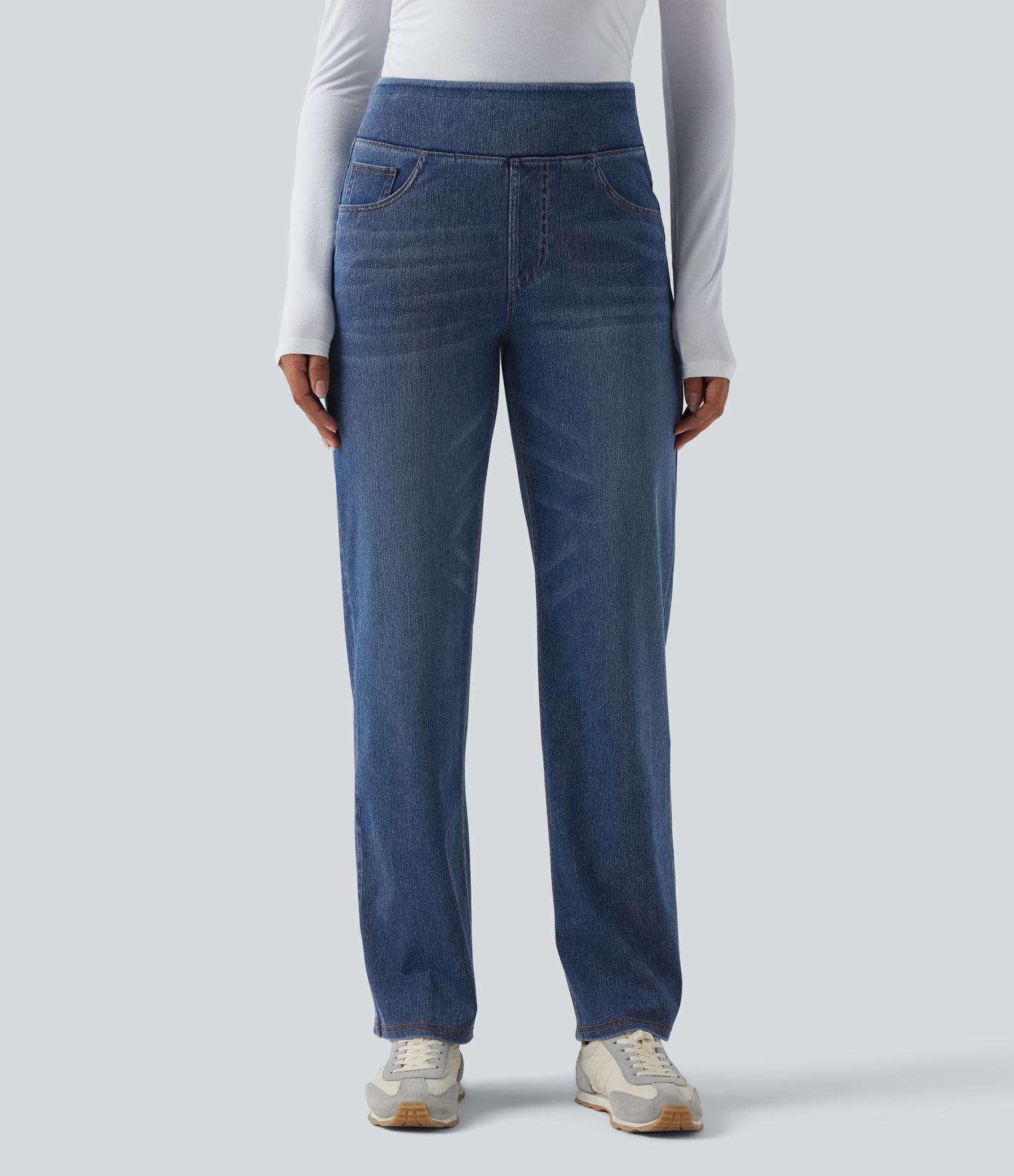 Jean décontracté Halara Flex™ taille haute, extensible, délavé, jambes droites avec poches multiples