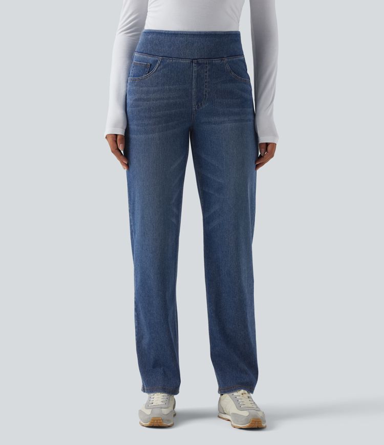 Jean décontracté Halara Flex™ taille haute, extensible, délavé, jambes droites avec poches multiples