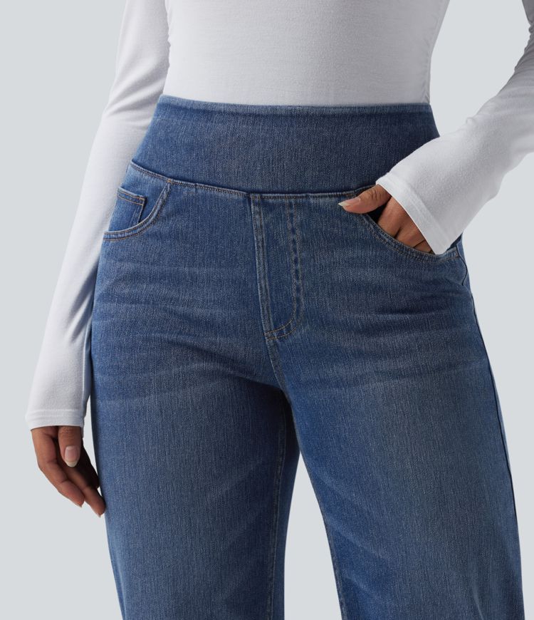 Jean décontracté Halara Flex™ taille haute, extensible, délavé, jambes droites avec poches multiples