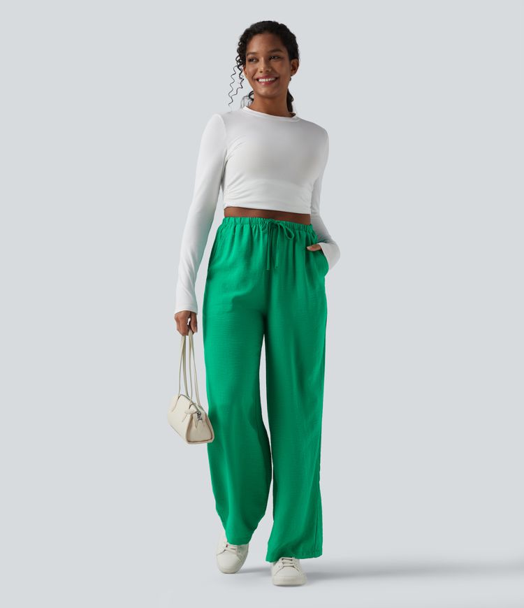 Pantalon large décontracté taille haute effet lin avec cordon de serrage et poches