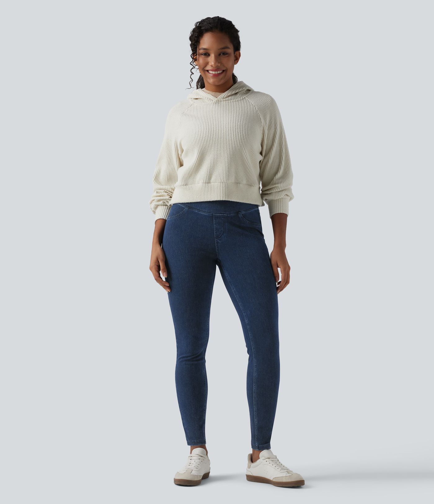 Halara Flex™ SoCinched hochgeschnittene, bauchformende, lässige Denim-Leggings mit Taschen