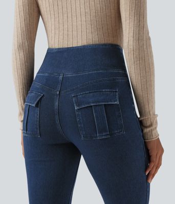 Halara Flex™ SoCinched hochgeschnittene, bauchformende, lässige Denim-Leggings mit Taschen