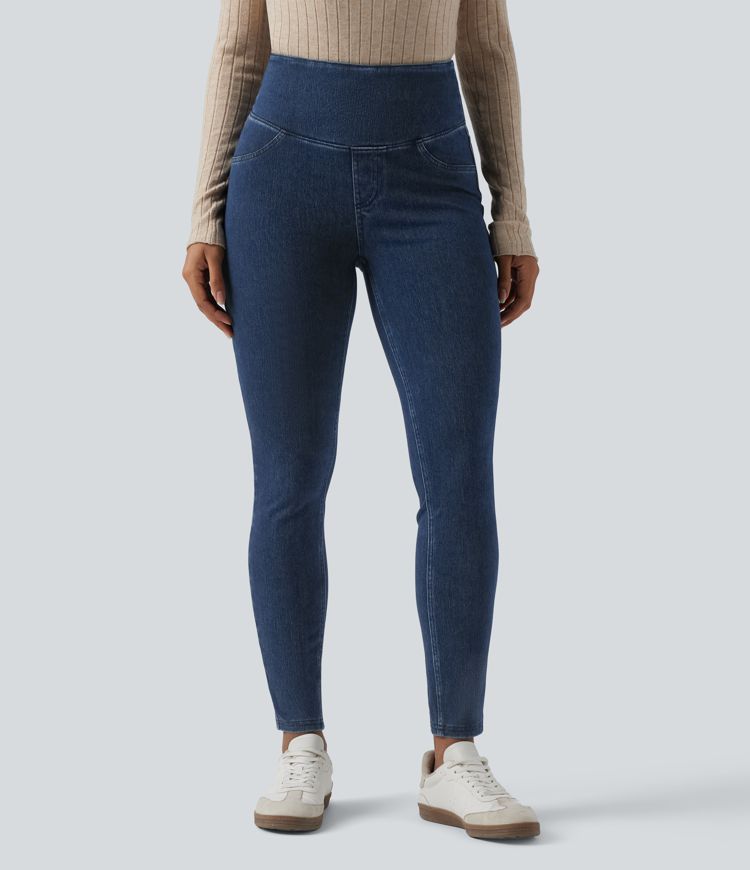 Halara Flex™ SoCinched hochgeschnittene, bauchformende, lässige Denim-Leggings mit Taschen