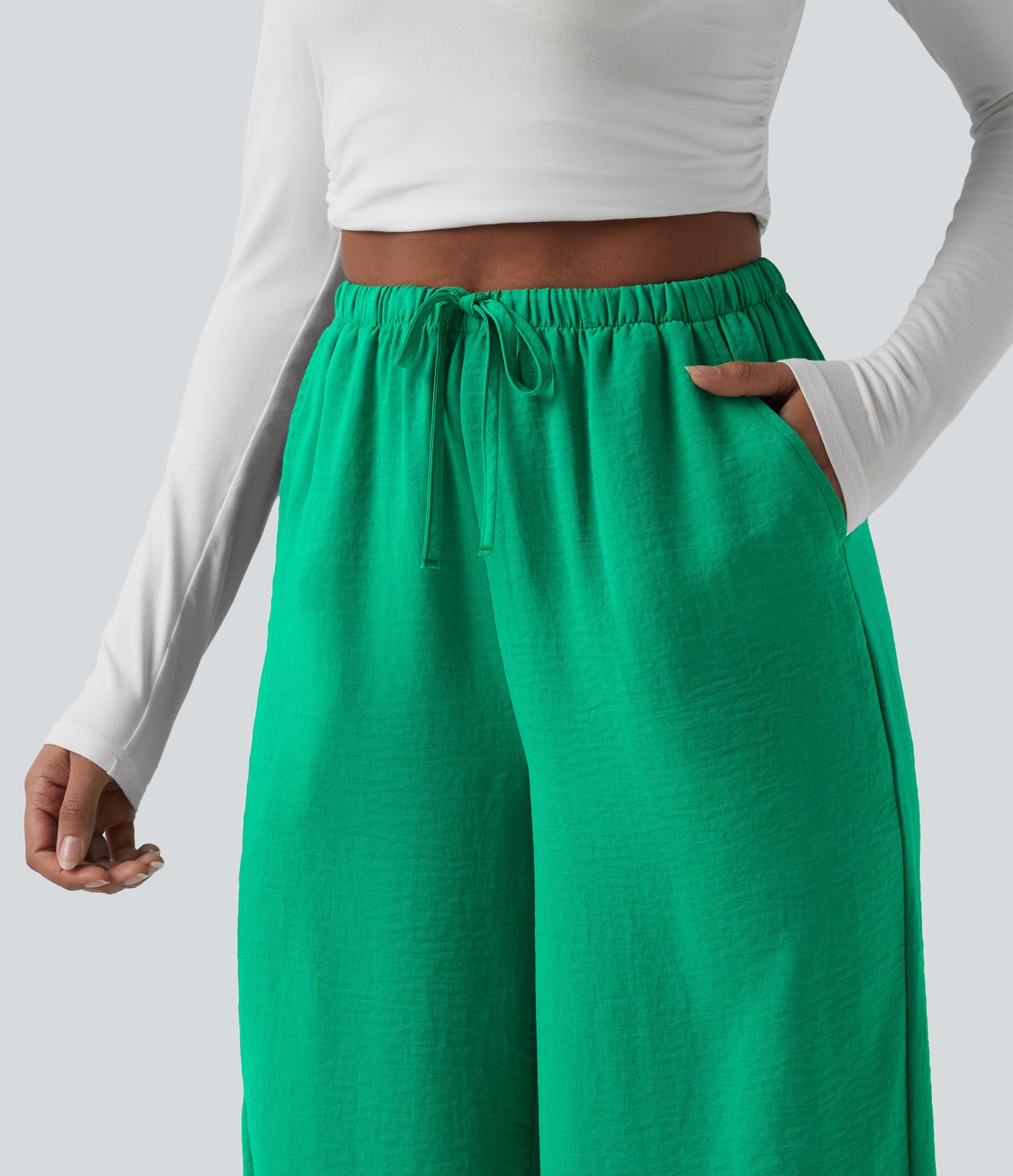 Pantalon large décontracté taille haute effet lin avec cordon de serrage et poches