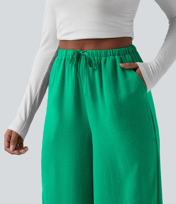 Pantalon large décontracté taille haute effet lin avec cordon de serrage et poches