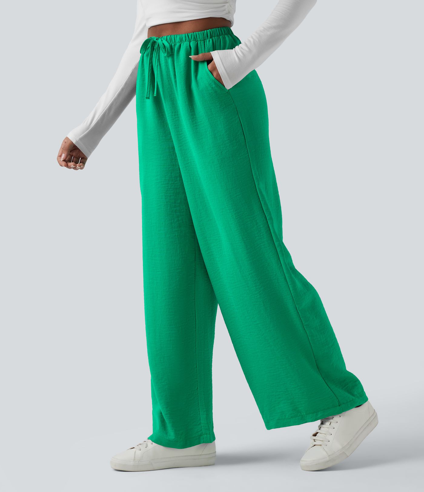 Pantalon large décontracté taille haute effet lin avec cordon de serrage et poches