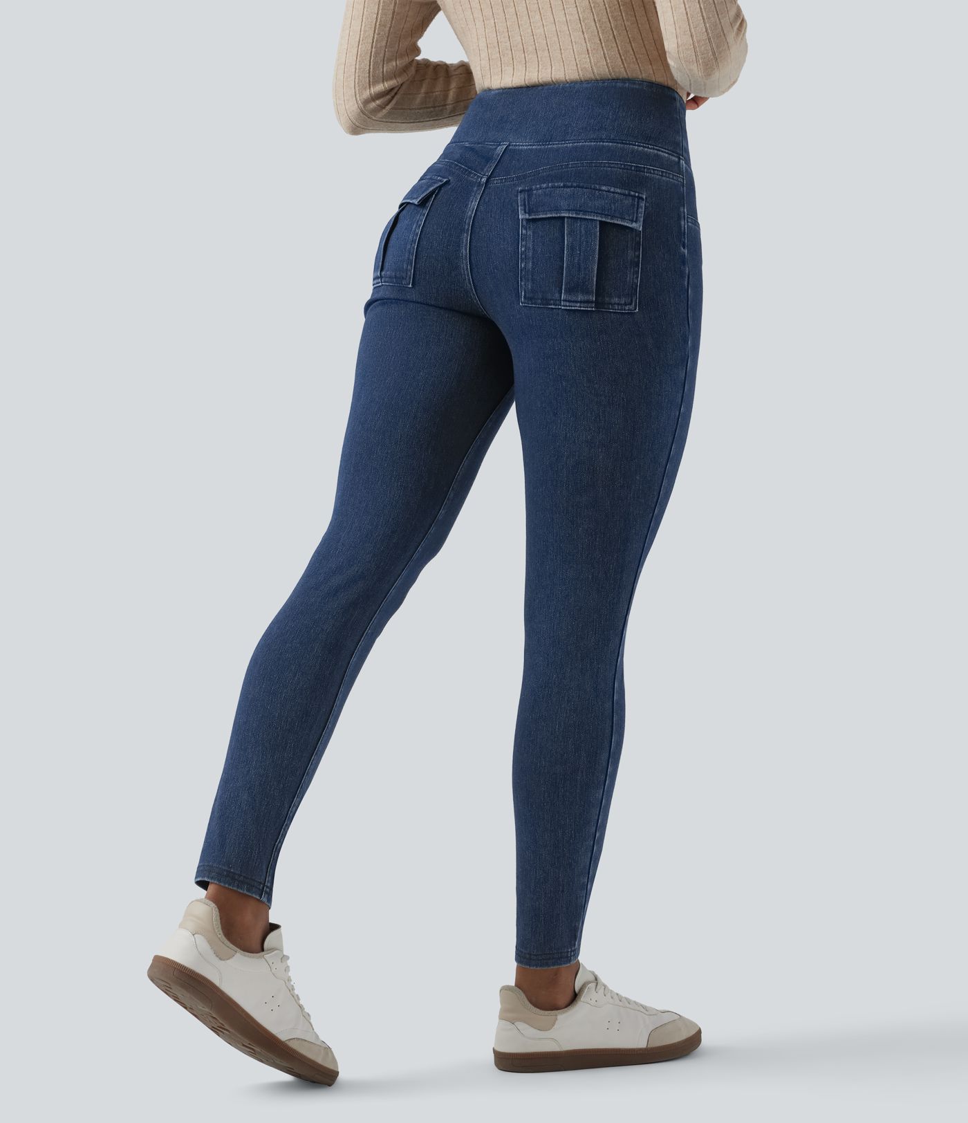 Halara Flex™ SoCinched hochgeschnittene, bauchformende, lässige Denim-Leggings mit Taschen