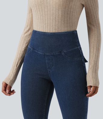 Halara Flex™ SoCinched hochgeschnittene, bauchformende, lässige Denim-Leggings mit Taschen