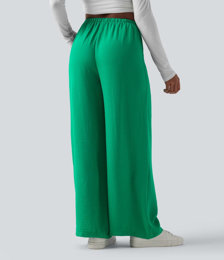 Pantalon large décontracté taille haute effet lin avec cordon de serrage et poches