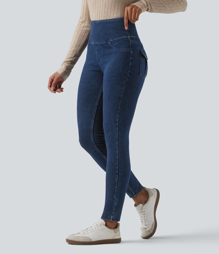 Halara Flex™ SoCinched hochgeschnittene, bauchformende, lässige Denim-Leggings mit Taschen