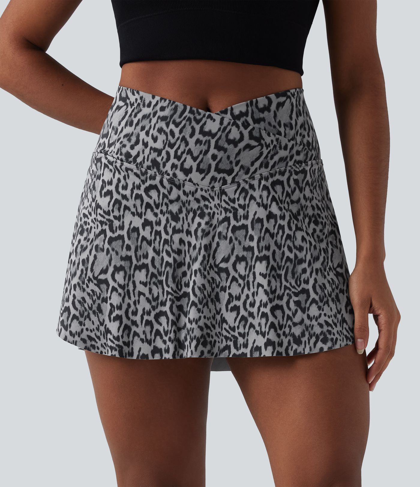 Crossover High Waisted 2-in-1 Leopard Print Mini Tennis Skirt with Pockets