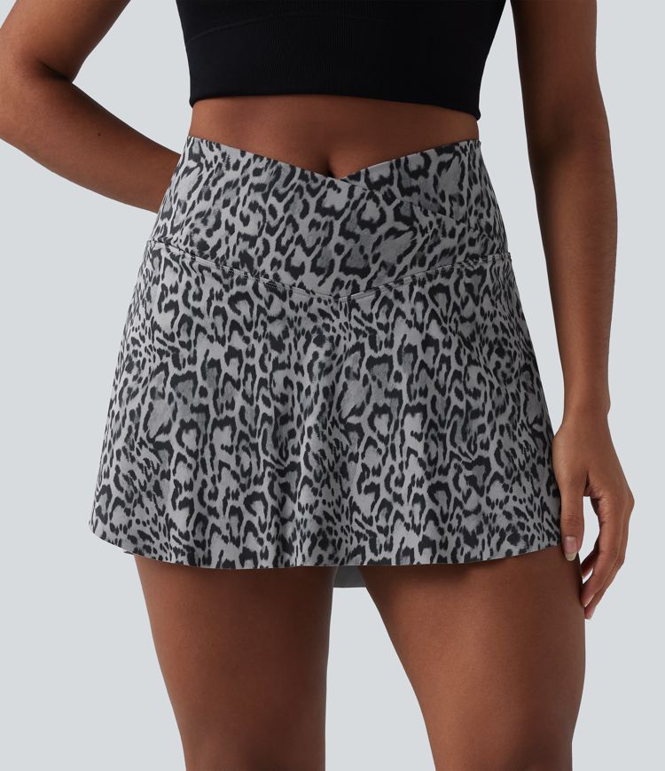 Crossover High Waisted 2-in-1 Leopard Print Mini Tennis Skirt with Pockets