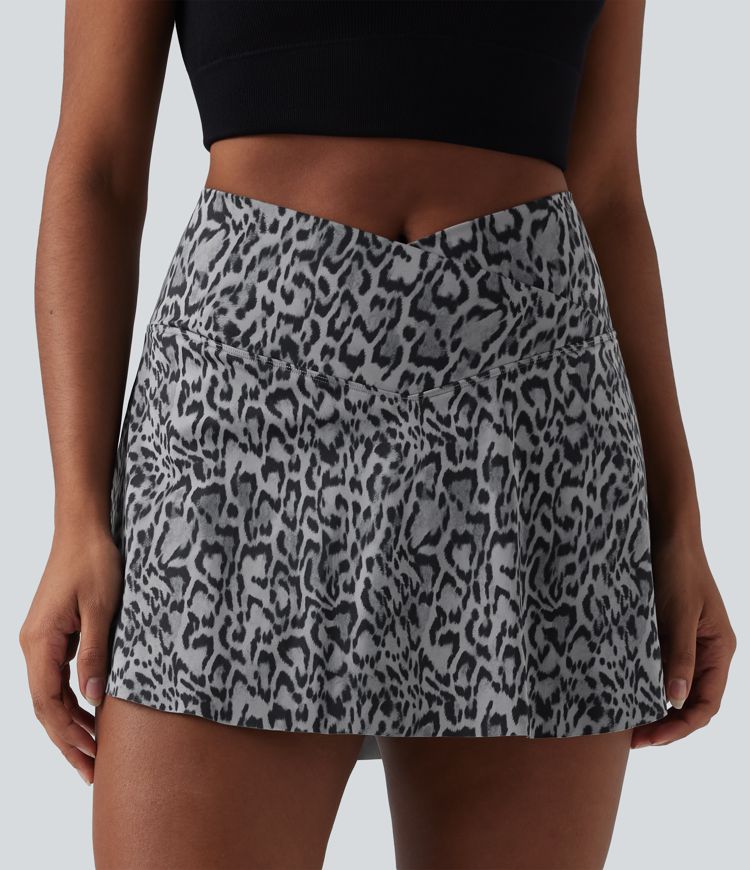 Crossover High Waisted 2-in-1 Leopard Print Mini Tennis Skirt with Pockets