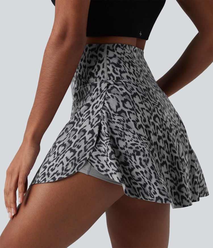 Crossover High Waisted 2-in-1 Leopard Print Mini Tennis Skirt with Pockets