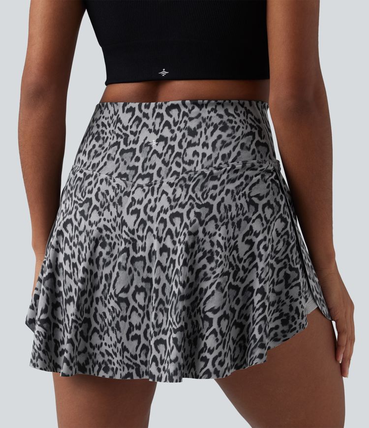 Crossover High Waisted 2-in-1 Leopard Print Mini Tennis Skirt with Pockets