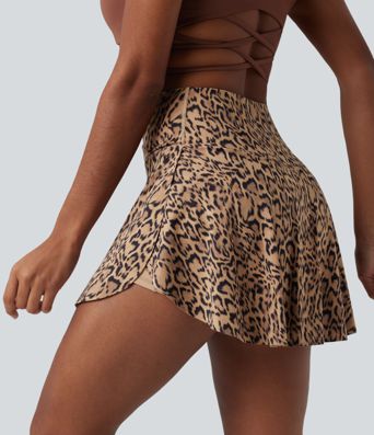 Crossover High Waisted 2-in-1 Leopard Print Mini Tennis Skirt with Pockets
