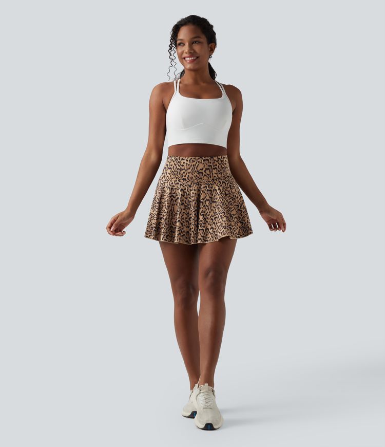 High Waisted 2-in-1 Leopard Print A-line Mini Tennis Skirt with Pockets
