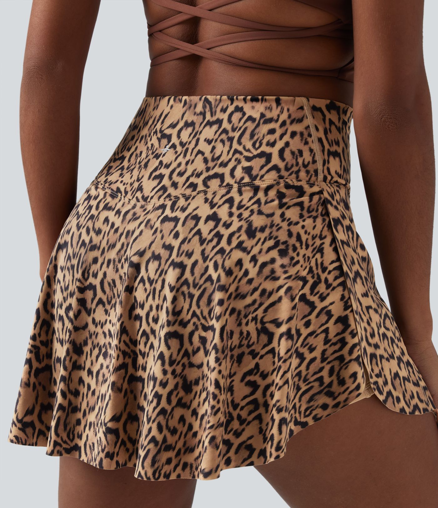 Crossover High Waisted 2-in-1 Leopard Print Mini Tennis Skirt with Pockets