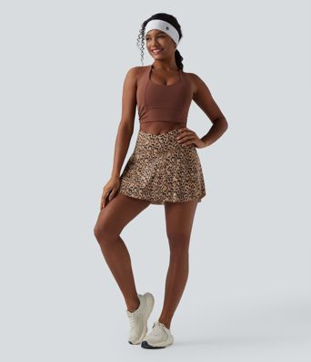 Crossover High Waisted 2-in-1 Leopard Print Mini Tennis Skirt with Pockets
